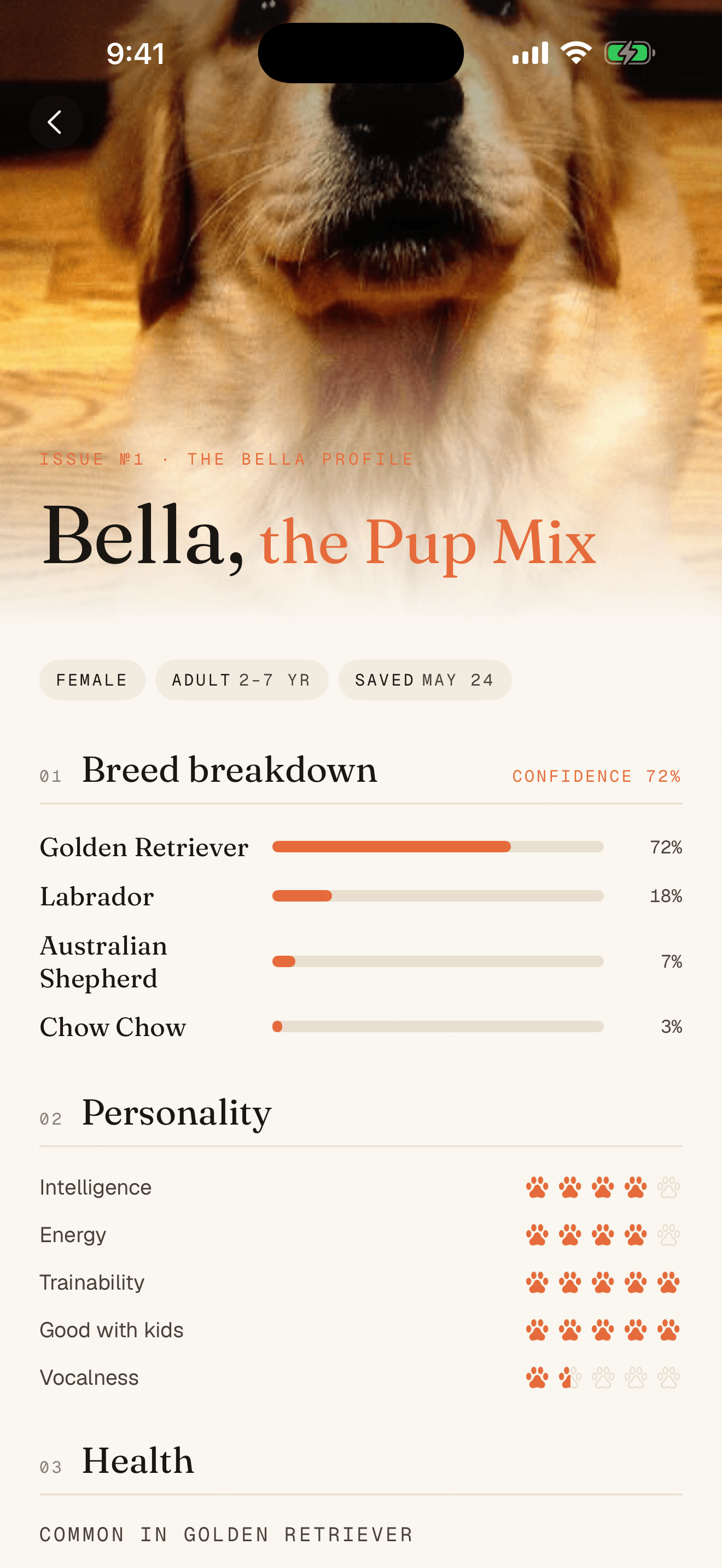 Pawdigree full pet profile with breed mix bars
